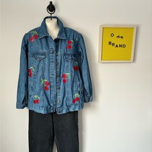 Quacker Factory Blue Jean Jacket with Red Cherry Embroidery